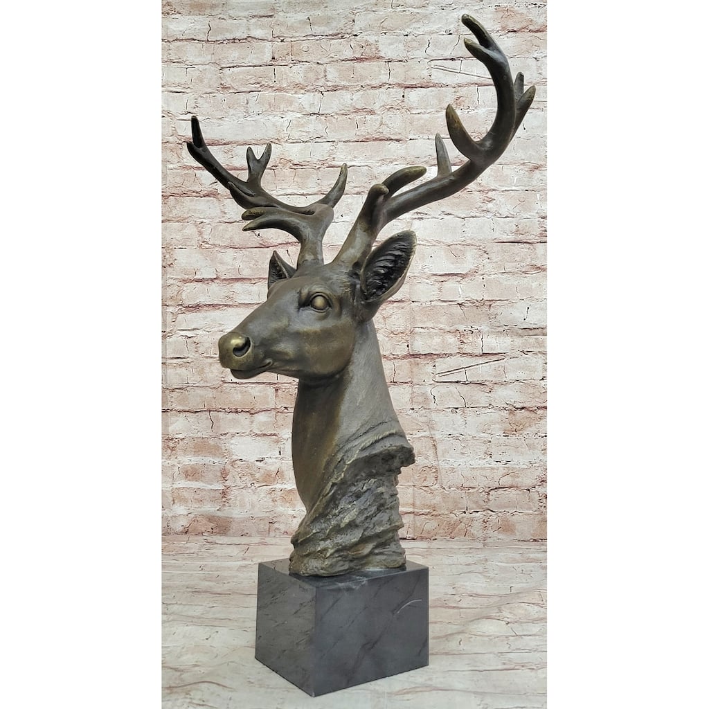 Stag Buck Deer Elk Head Bust Bronze Sculpture Statue On Marble Base