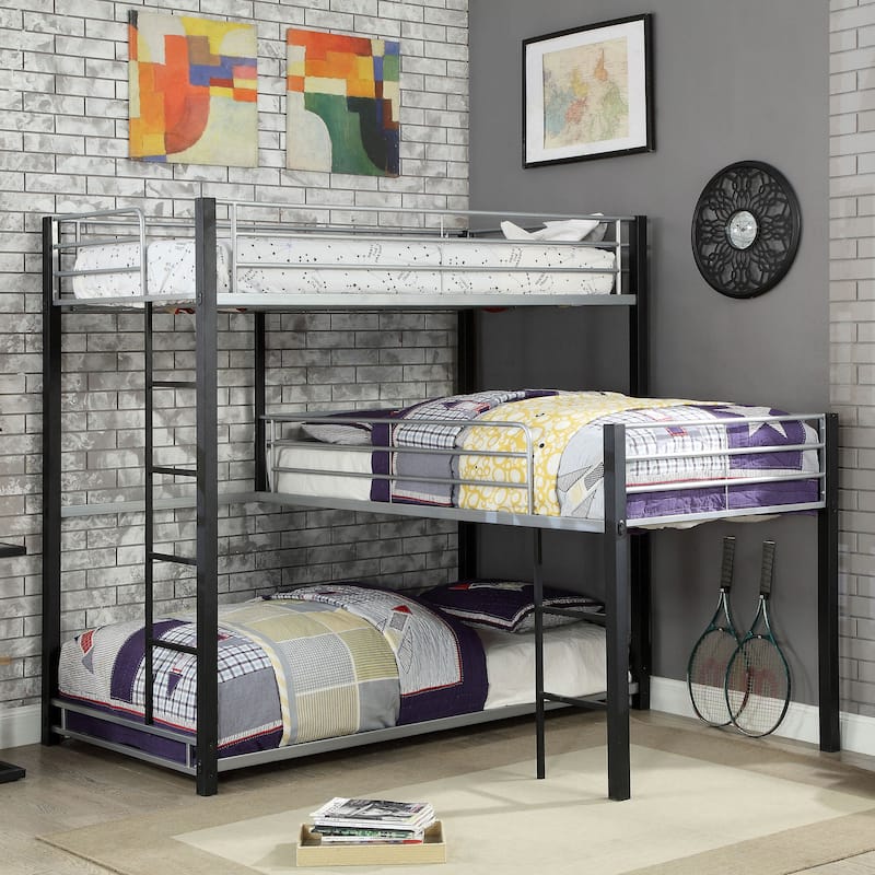 Hilt Contemporary Sand Black and Silver Twin Metal Triple Bunk Bed by Furniture of America - Sand Black