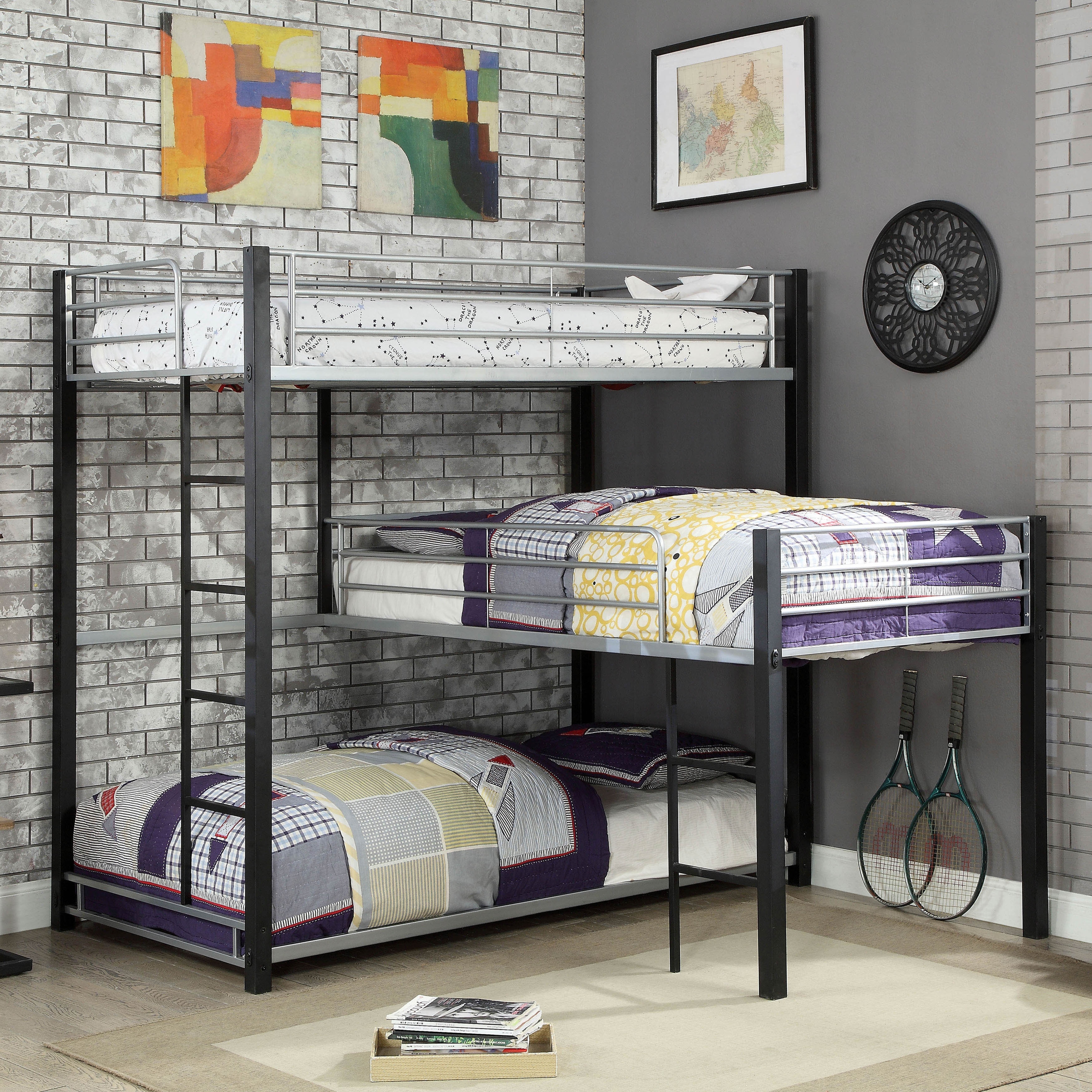 Furniture of America Hilt Contemporary Sand Black and Silver Twin Metal Triple Bunk Bed