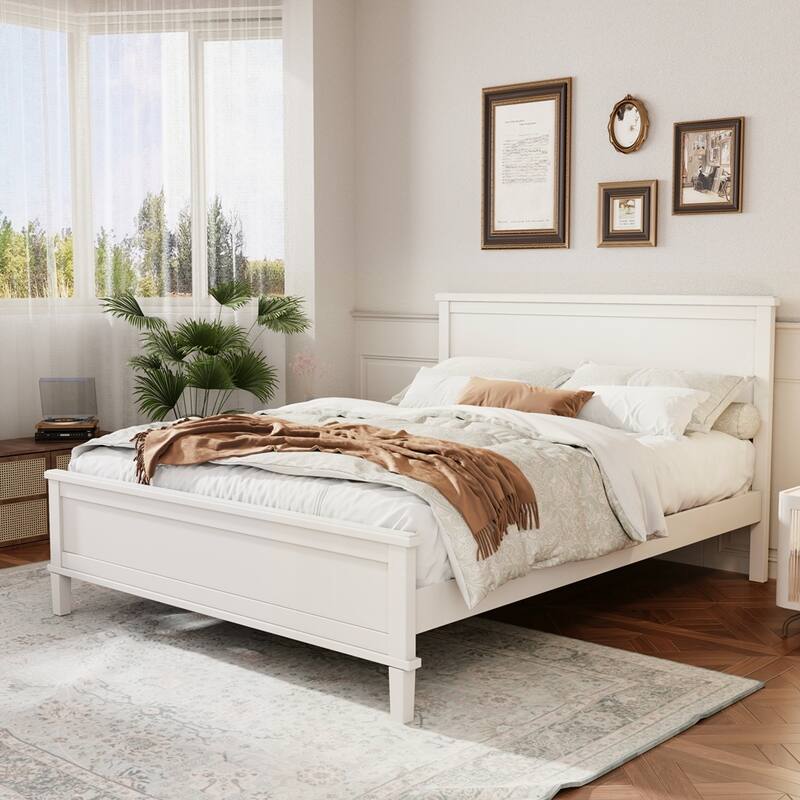 Wood Platform Bed with Headboard and Wood Slat Support - White - King