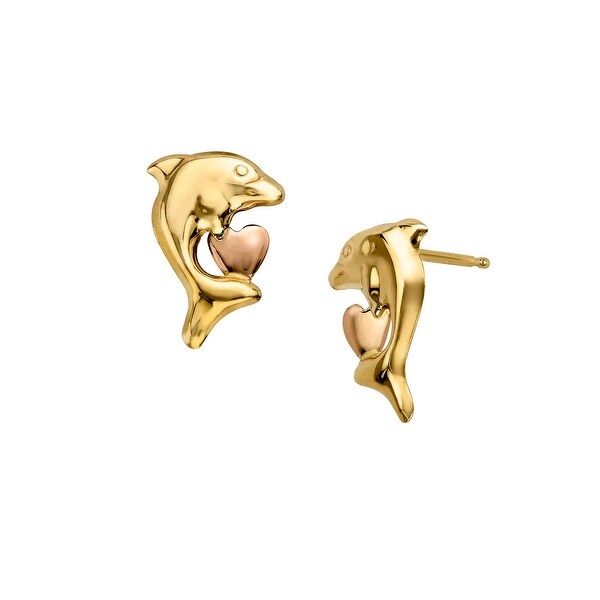 Just Gold Girl's Dolphin Heart Earrings in 14K Two-Tone Gold