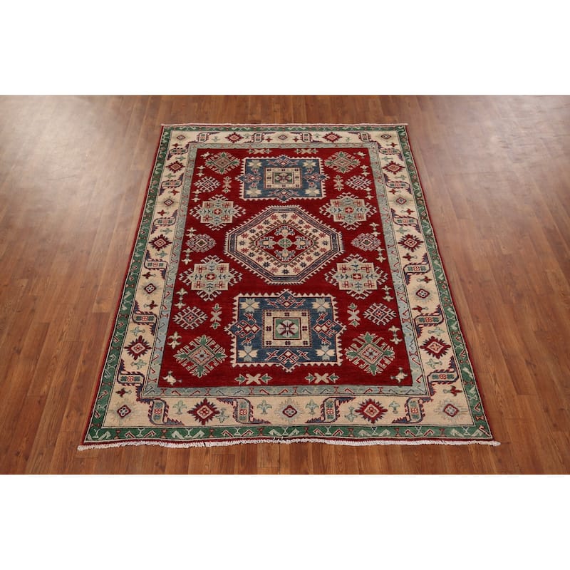 Geometric Red Kazak Oriental Area Rug Hand-Knotted Wool Carpet - 5'1" x 6'8"