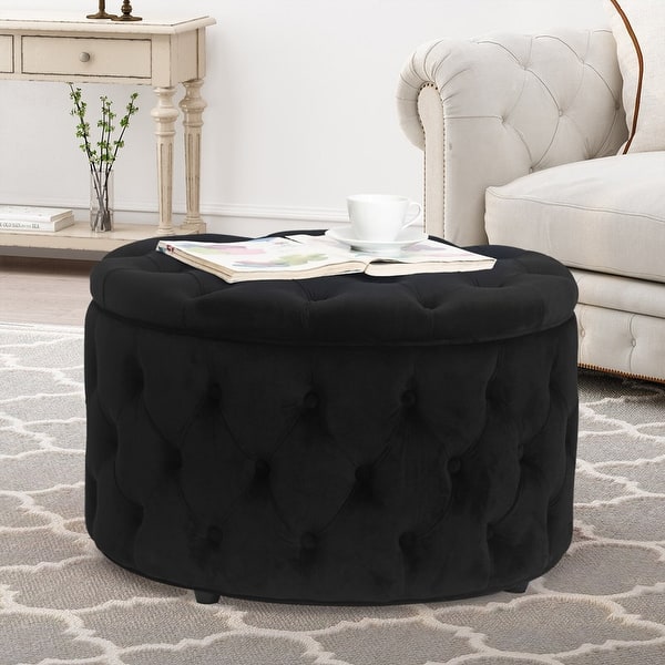 slide 2 of 10, Adeco Round Velvet Storage Ottoman Button Tufted Footrest Coffee Table