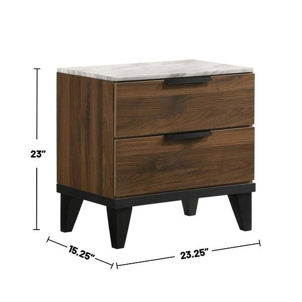 2 Drawers Faux Marble Top Nightstand with Tapered Legs in Walnut and Black Bed Bath & Beyond