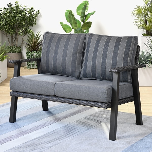 slide 2 of 44, OVIOS Outdoor Steel Frame Bench Wicker Stripes Pattern Cushion Loveseat Grey