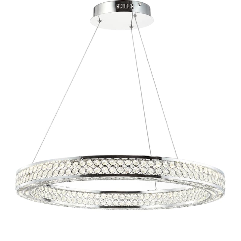 Bradley 24.7" Round Integrated LED Crystal/Metal Pendant, Chrome/Clear by JONATHAN Y