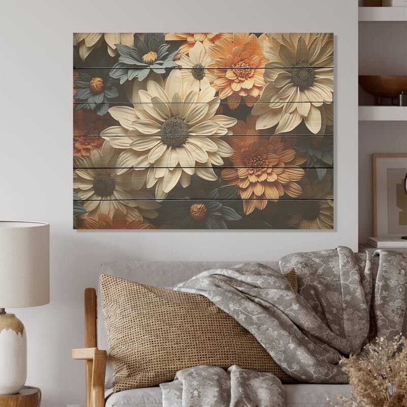 Designart "White And Orange Daisy Florescence Radiance" Daisies Wood Wall Decor White Wood Panel On Natural Pine Wood