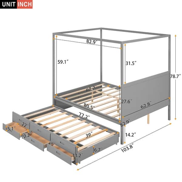 Queen Size Wooden Canopy Platform Bed with Trundle(Twin) & 3 Storage Drawers Design, Solid Pine Bedframe, No Box Spring Needed