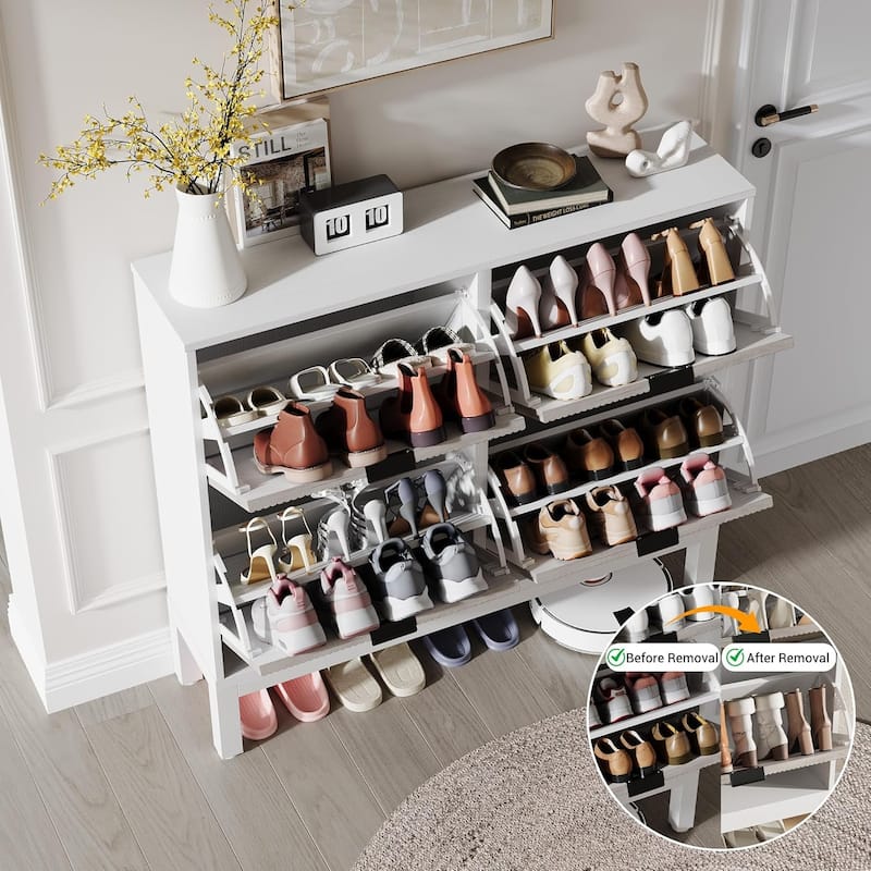 Shoe Storage Cabinet with 4 Flip Drawers, Fluted Shoe Organizer with Metal Legs