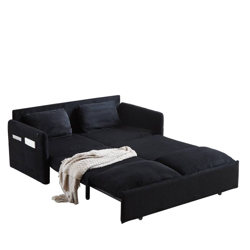 65" Corduroy 2-Seater Sleeper Sofa, 3-in-1 with Storage and Side Pocket
