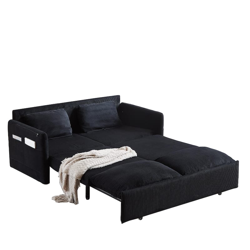 65" Corduroy 3-in-1 2-Seater Sleeper Sofa with Loveseat Side Storage Pocket, High-Density Sponge Cushions