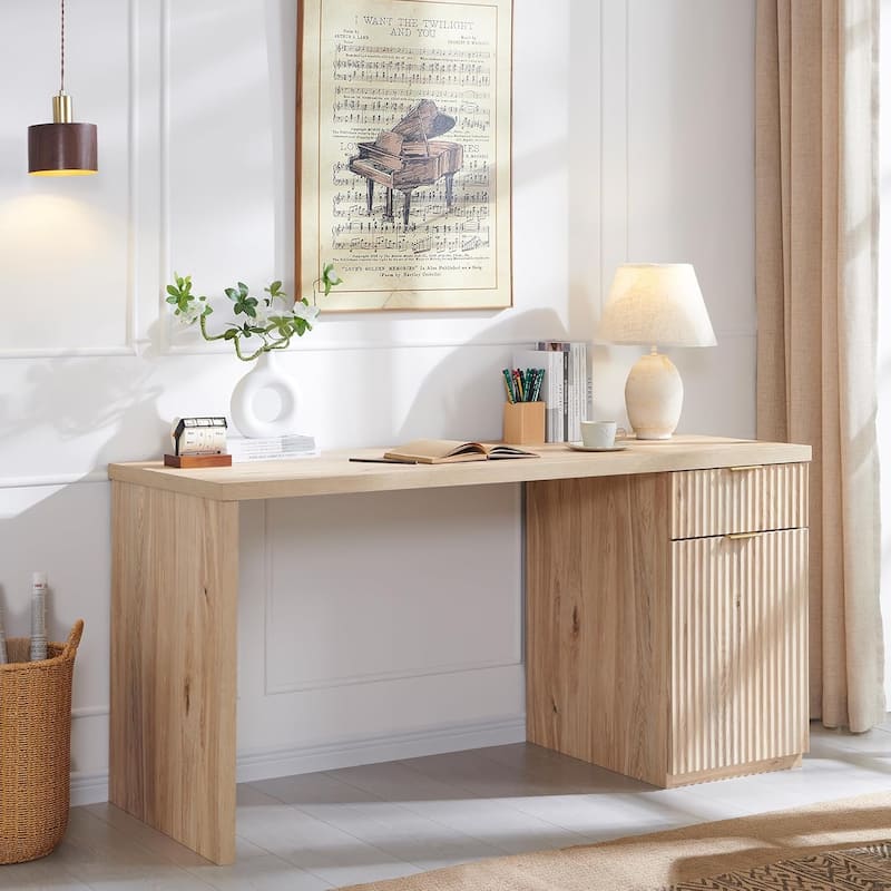 60" Modern Executive Desk, Wood Home Office Desk, Fluted Computer Desk
