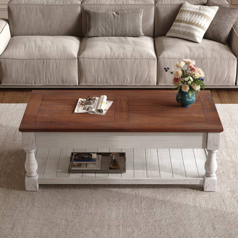 47" Farmhouse Lift Top Coffee Table with Fixed Shelf and 3 Hidden Storage