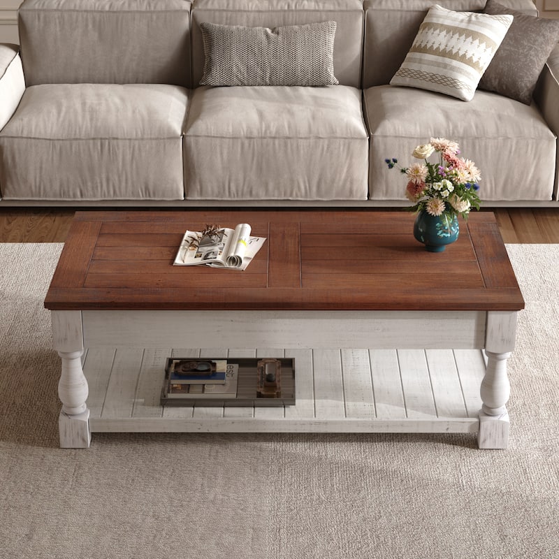 Farmhouse 47.24" Lift Top Coffee Table with Storage Trays Handcrafted Solid Wood for Stylish Living Room Storage