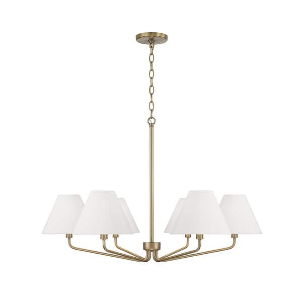 slide 2 of 4, 34" W x 22.5" H 6-Light Angular Chandelier with Tapered White Fabric Shades - 34"W x 22.25"H Aged Brass