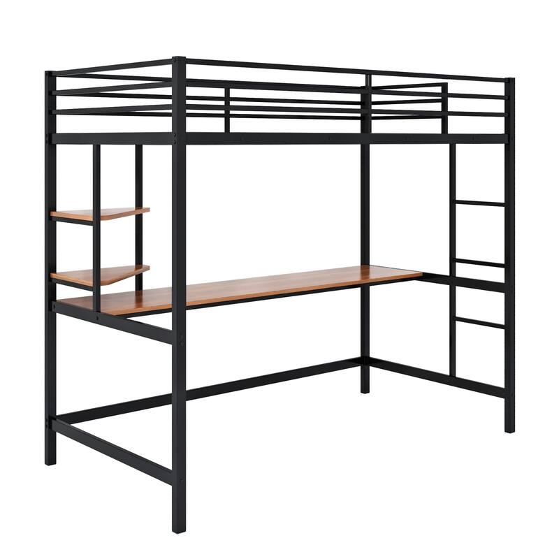 Modern Twin Metal Loft Bed with Desk and Shelve