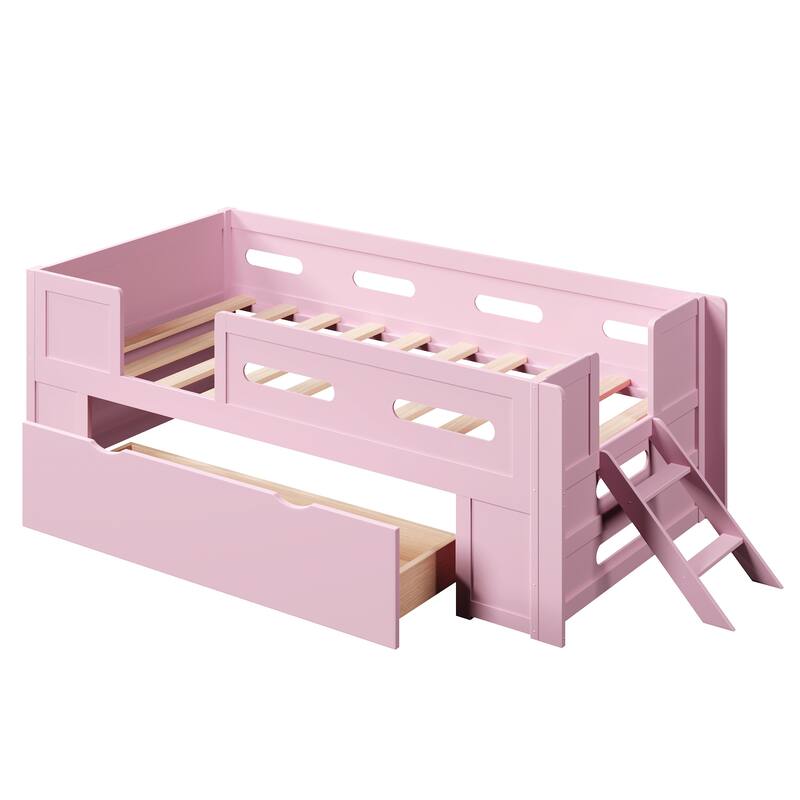 Roomfitters Full/Twin Size Wood Platform Bed with Underbed Storage Drawer and Safety Guardrails, Modern Low Loft Frame