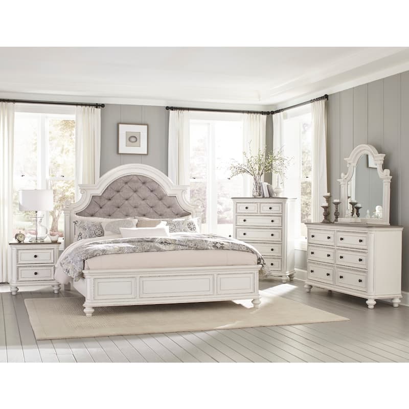 Milena Antique White Fabric Upholstered Tufted Panel Bed
