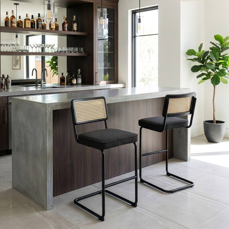 Set of 2 Ayo Black Fabric Bar Stool with Rattan Backrest and Black Steel Legs