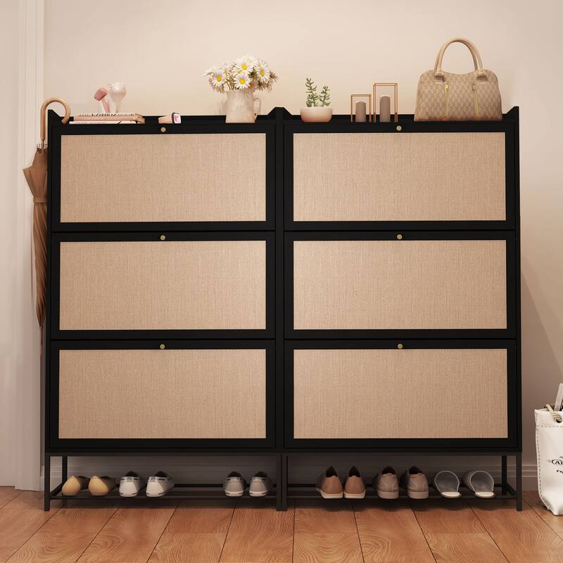 Wooden Shoe Storage Cabinet with triple-tier flip-up drawer