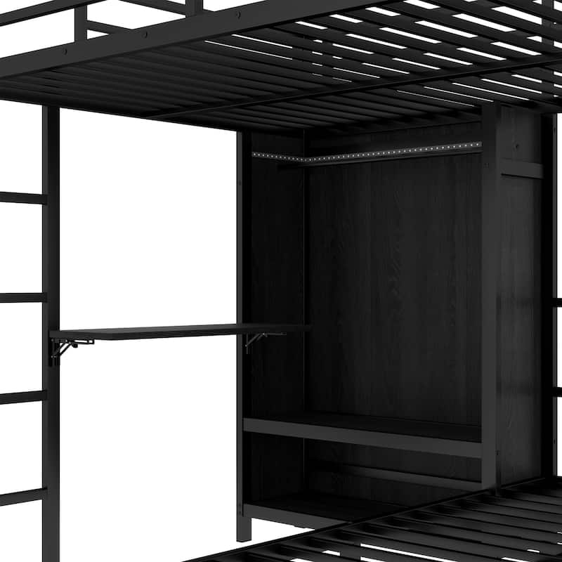 Full XL Over Twin Metal Bunk Bed with Folding Desk, Closet with LED ,Space-Saving/Noise Reduced, Black