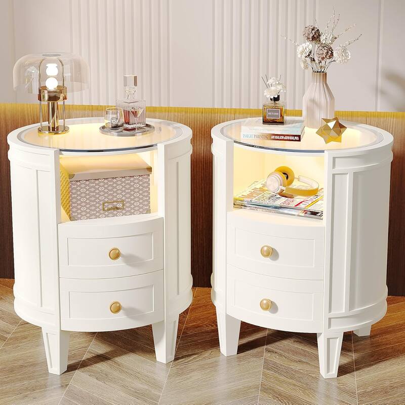 Oval/Round LED Nightstand, 2-Drawer Modern Night Stand, Side Table for Bedroom