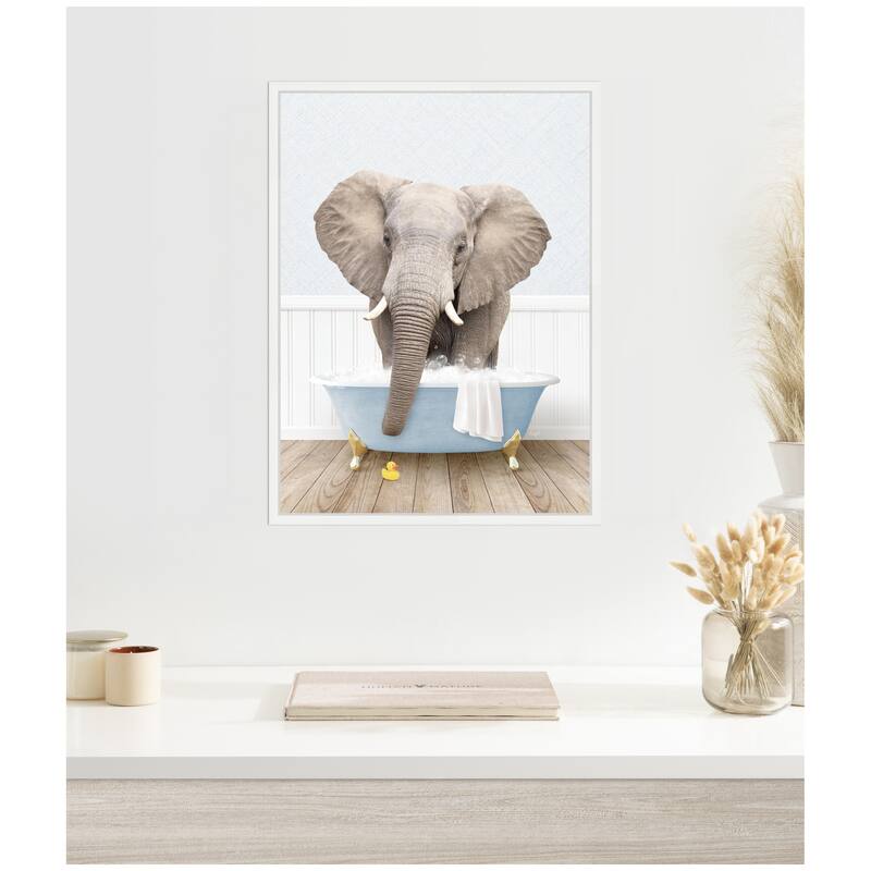 Kate and Laurel Sylvie Elephant Front in Cottage Blue Bathtub Framed Canvas by Amy Peterson