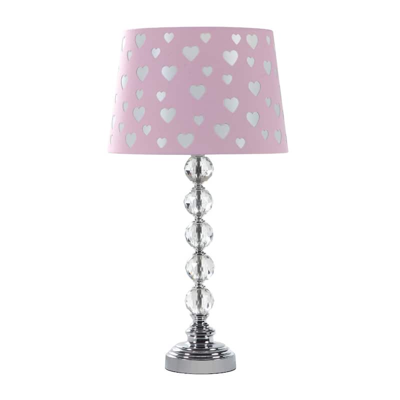 Pink Fabric Shade Silver Crystal Bedside Lamp with Heart Design Shade - 12” x 12” x 22” (D x W x H)
