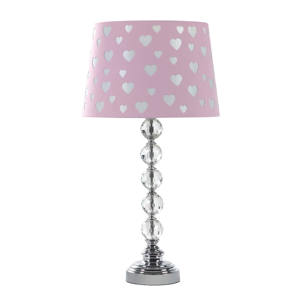Pink Fabric Shade Silver Crystal Bedside Lamp with Heart Design Shade - 12” x 12” x 22” (D x W x H)
