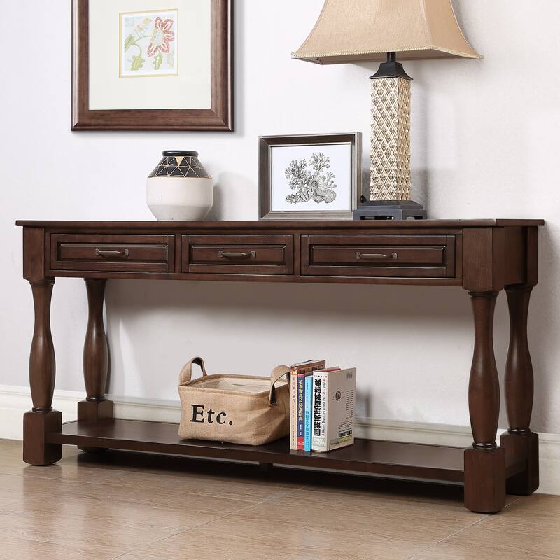 Solid Wood Console Table with 3 Drawers and Bottom Shelf