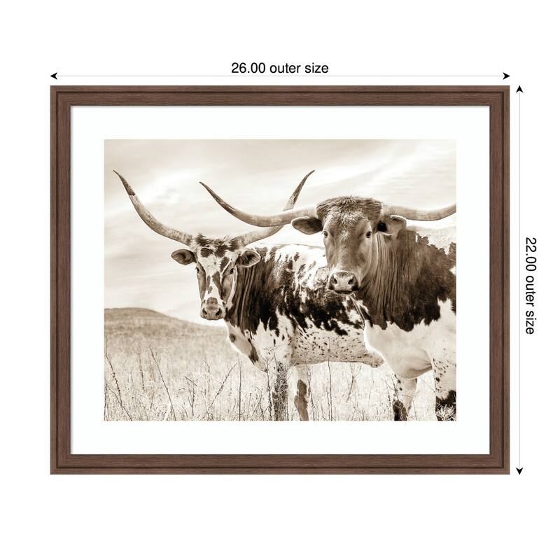 Kate and Laurel Sepia Texas Longhorn Cattle in Pasture by The Creative Bunch Studio Framed Wall Art Print