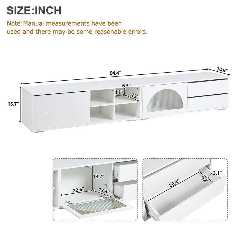 94.4" Modular LED TV Stand with Tempered Glass Arched Doors - Smart App-Controlled Lighting, Music Sync