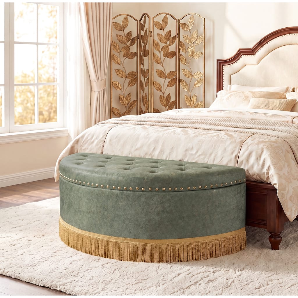 Adeco 43" W Half Moon Storage Ottoman Bench with Bullion Fringe - 43.3"x18.9"x17.9"
