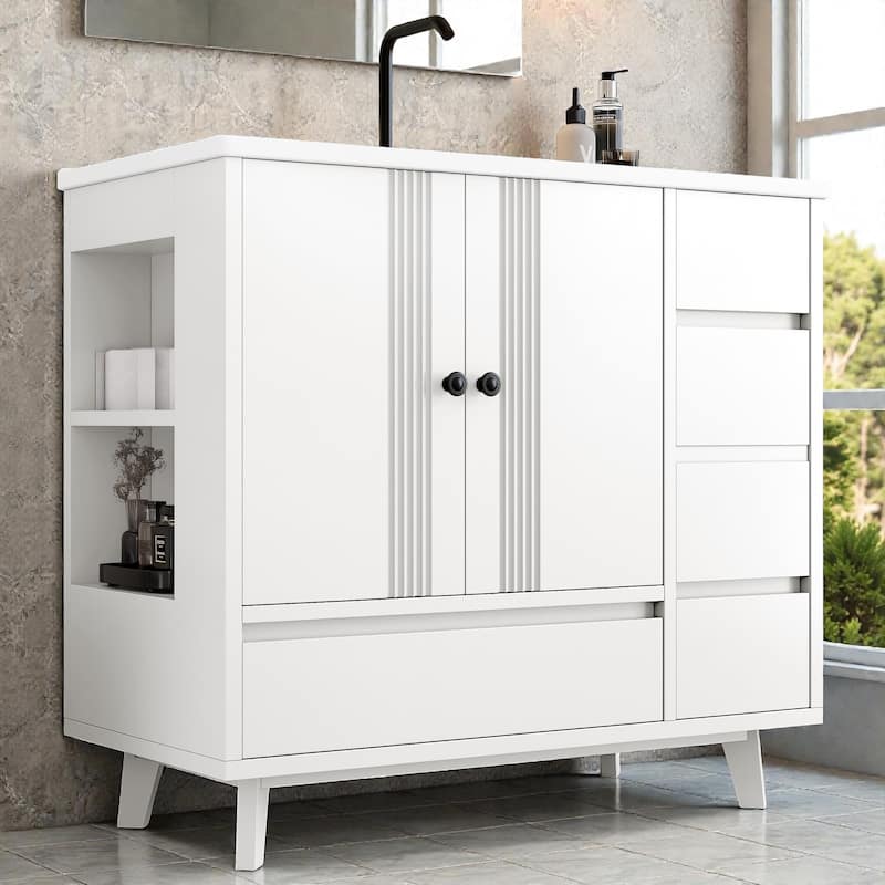 36" Bathroom Vanity with Sink, Freestanding Wood Cabinet with 4 Drawers and Side Storage Rack, Single Vanity