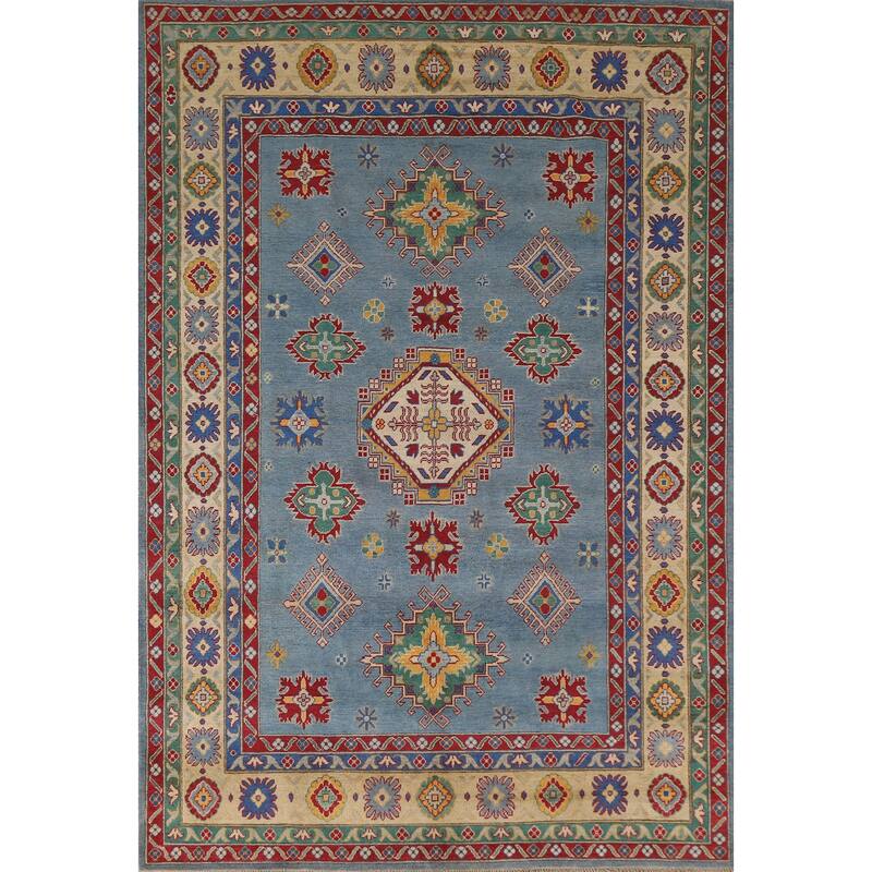 Hand Knotted Oriental 100% Wool Carpet Traditional Geometric Navy Blue & Blues Kazak Area Rug - 9' 6'' X 6' 8''