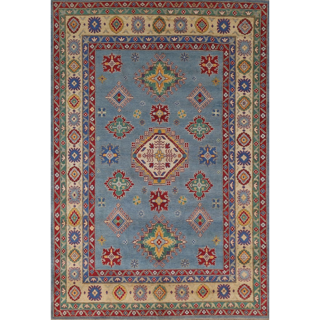 Hand Knotted Oriental 100% Wool Carpet Traditional Geometric Navy Blue & Blues Kazak Area Rug - 9' 6'' X 6' 8''