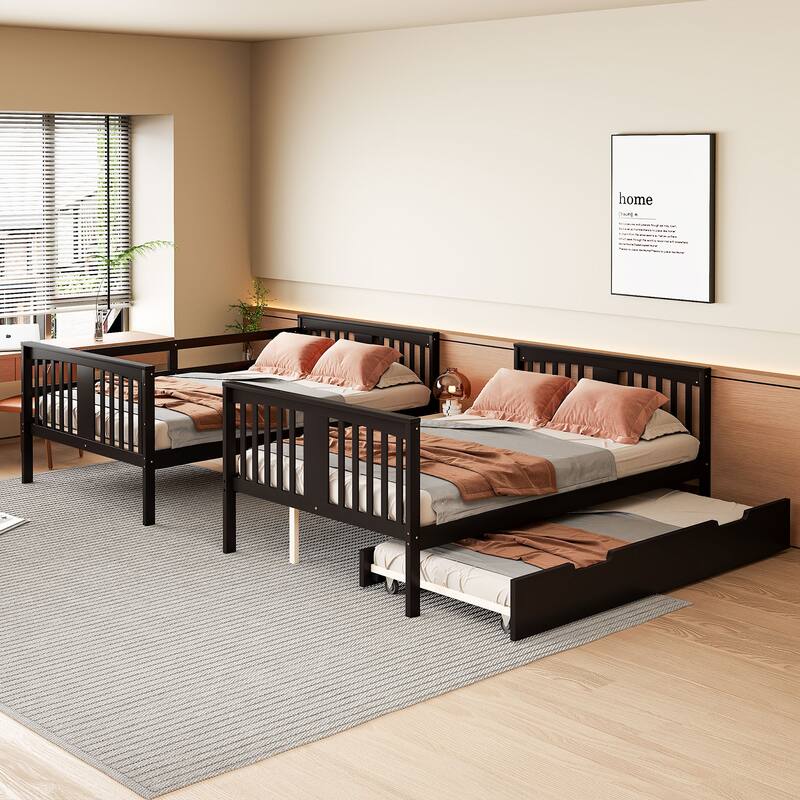 Full Size Wood Bunk Bed with Twin Size Trundle and Ladder, Divided Into 2 Individual Beds, Full Over Full Bunk Bed Frame