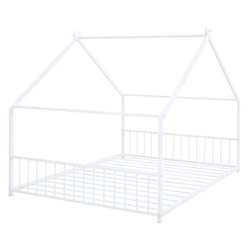 Full Size Metal House Bed with Roof, Fence and Back for Kids, Boys and Girls, Bedroom