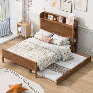 Full Size Platform Bed with Storage Headboard Multifunctional Wooden Bedframe with Twin Size Trundle for Kids Teens Bedroom