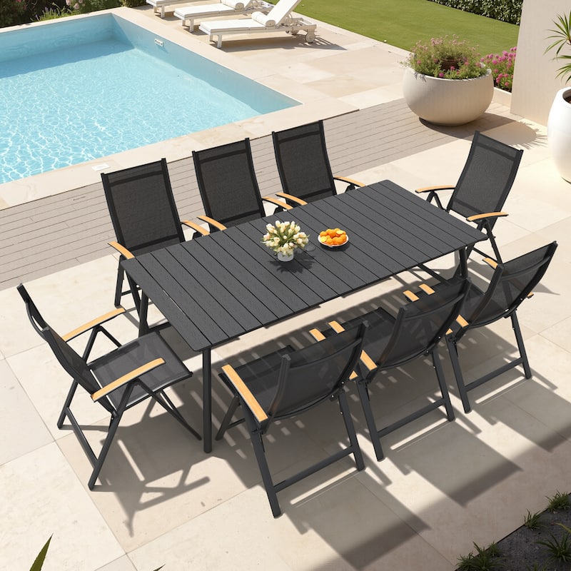 7/9-Piece Outdoor Patio Dining Set Aluminum Rectangular Dining Table and Folding Chairs - Black Table - Set of 9