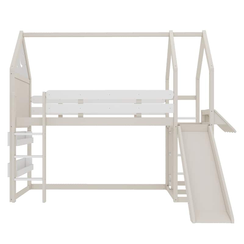 Playful House Bed Starry Moon Cottage Twin Size Loft Bed with Built-in Bookshelves, Reversible Slide and Front & Side Ladders