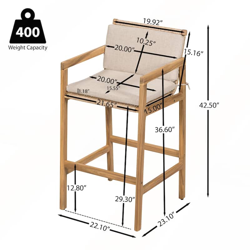 Wood Outdoor Barstool with Beige Cushion Set of 2