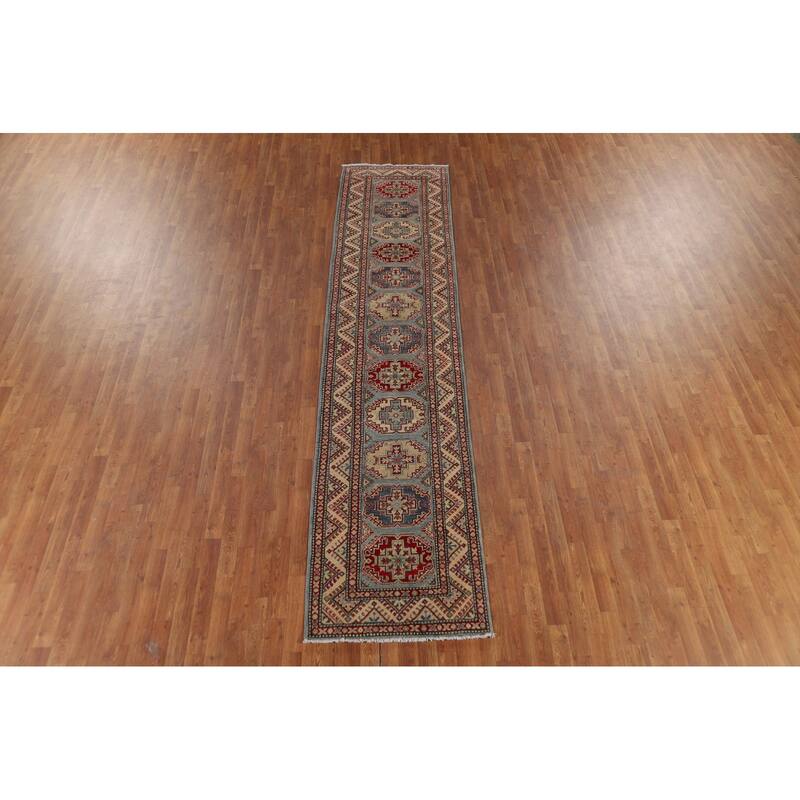 Light Blue Kazak Runner Rug Handmade Oriental Wool Carpet - 2'9" x 12'3"