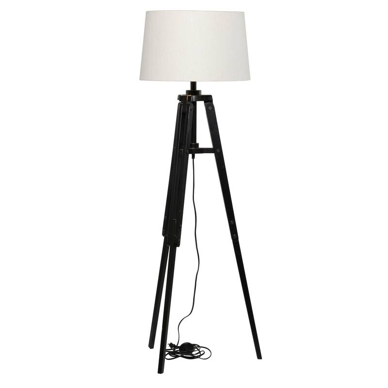 Black Wood Tripod Room Floor Lamp with Cream Linen Shade