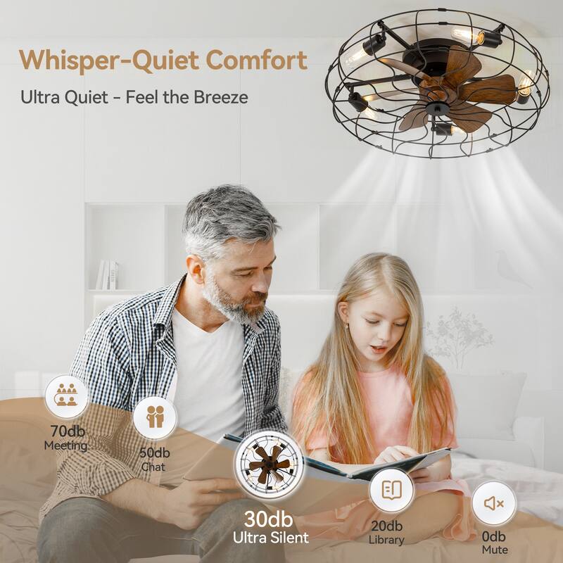 19"/23.6" Farmhouse Industrial Enclosed Caged Ceiling Fan with Light & Remote