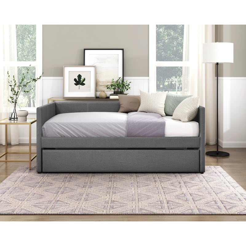 1pc Daybed with Trundle Beige Fabric Upholstery Wooden Frame