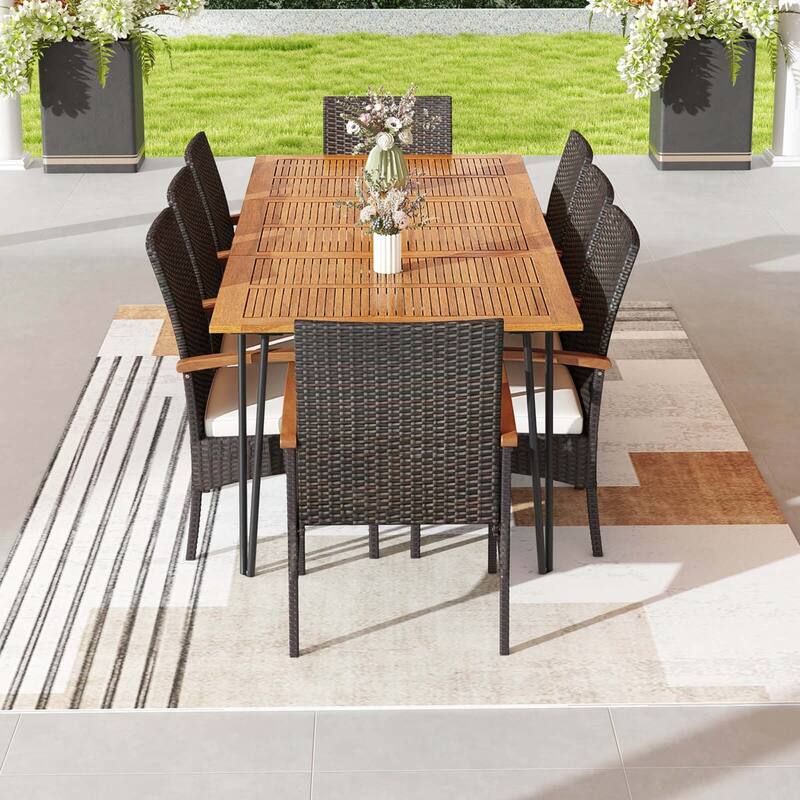 Costway 9 PCS Outdoor Patio Dining Set Armchairs Set of 8 and Acacia - See Details
