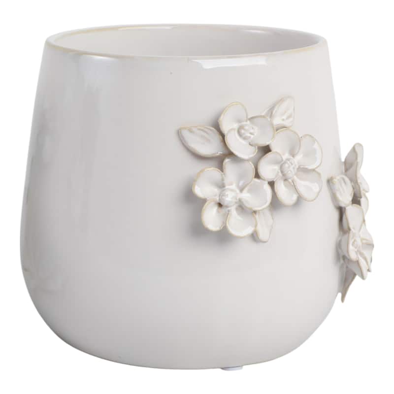 Ceramic Planter with Raised Floral Detailing and Glossy Texture