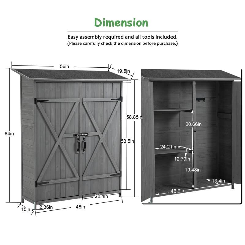 56"L Outdoor Storage Shed with Lockable Doors, Waterproof Roof, Detachable Shelves