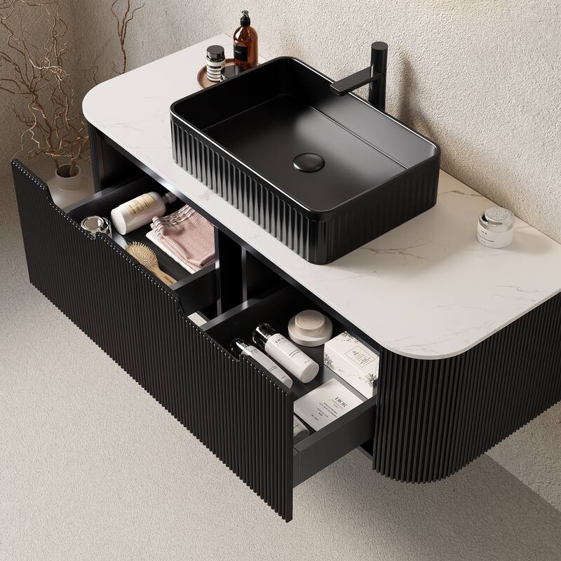 48" Bathroom Vanity with Sink, Wall-Mounted Bathroom Storage Cabinet with 2 Drawers, Rectangular Ceramic Basin, No Faucet